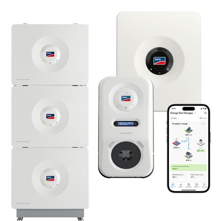 Produkty SMA Home Energy Solution: falownik hybrydowy, bateria, wallbox i SMA Energy App