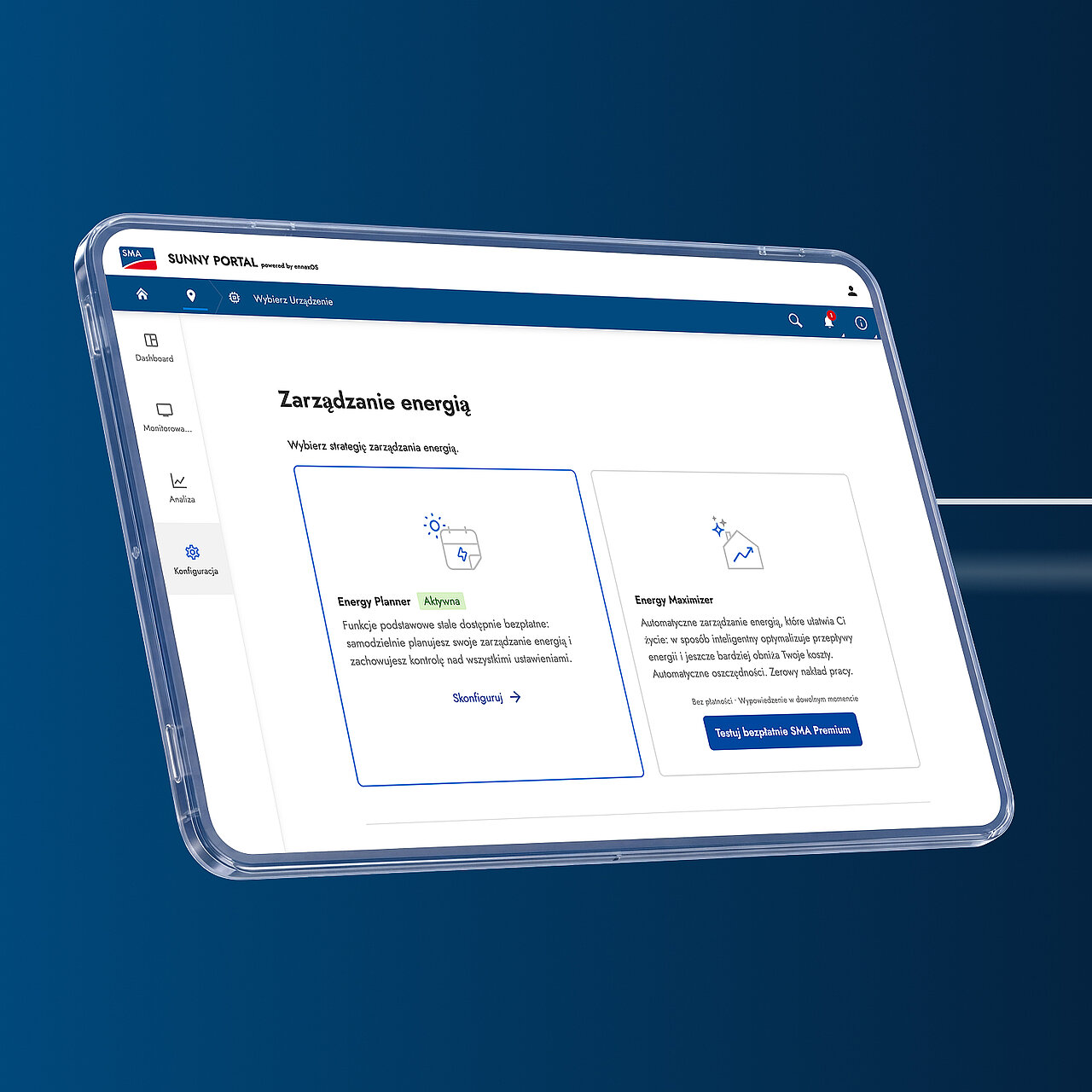 Tablet z aplikacją Sunny Portal, na którym widoczne są funkcje Energy Planner i Energy Maximizer.