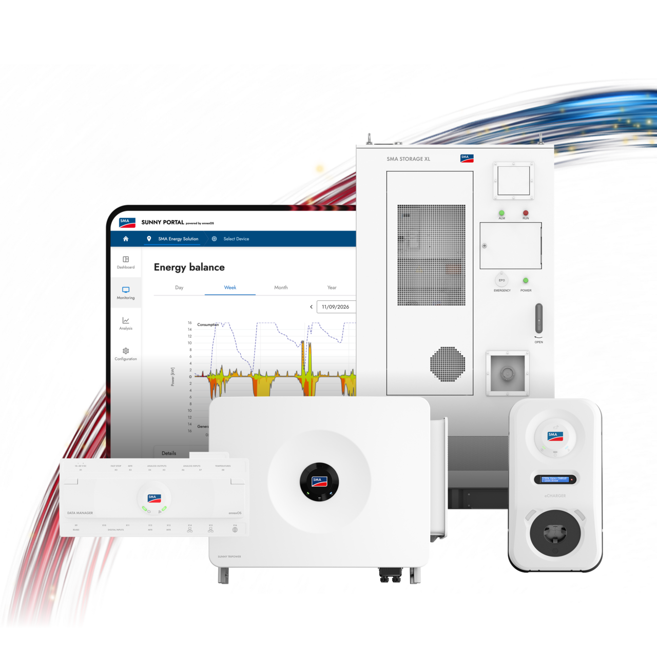 Na zdjęciu przedstawiono rozwiązanie SMA Commercial Energy Solution wraz z fragmentem ekranu tabletu, na którym widoczny jest portal Sunny Portal, zestaw SMA Storage XL Package, urządzenie SMA Data Manager M, falownik Sunny Tripower 125 oraz ładowarkę SMA eCharger.