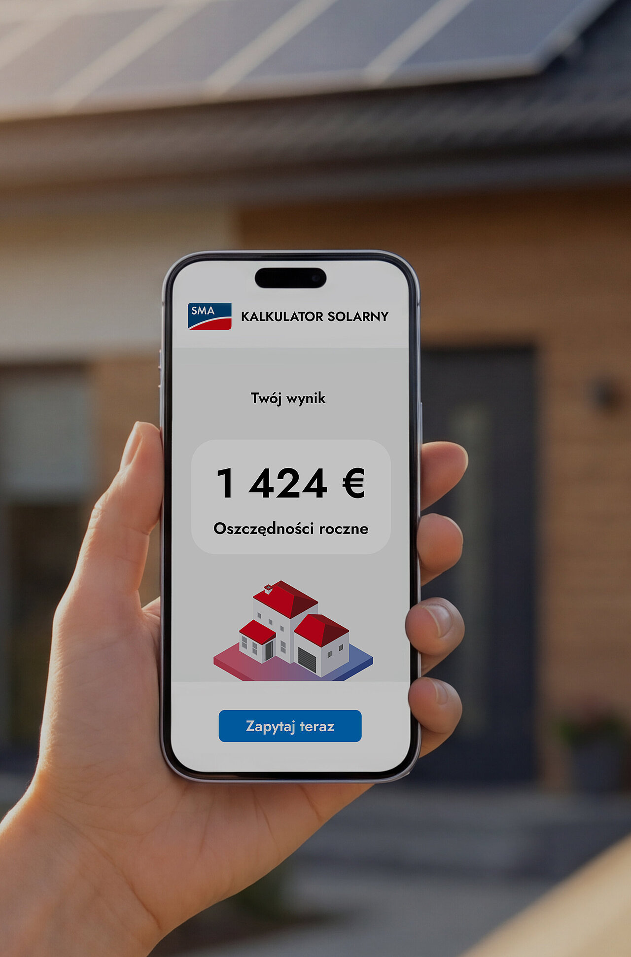 Smartfon wyświetla szacowane roczne oszczędności energii z instalacji fotowoltaicznej
