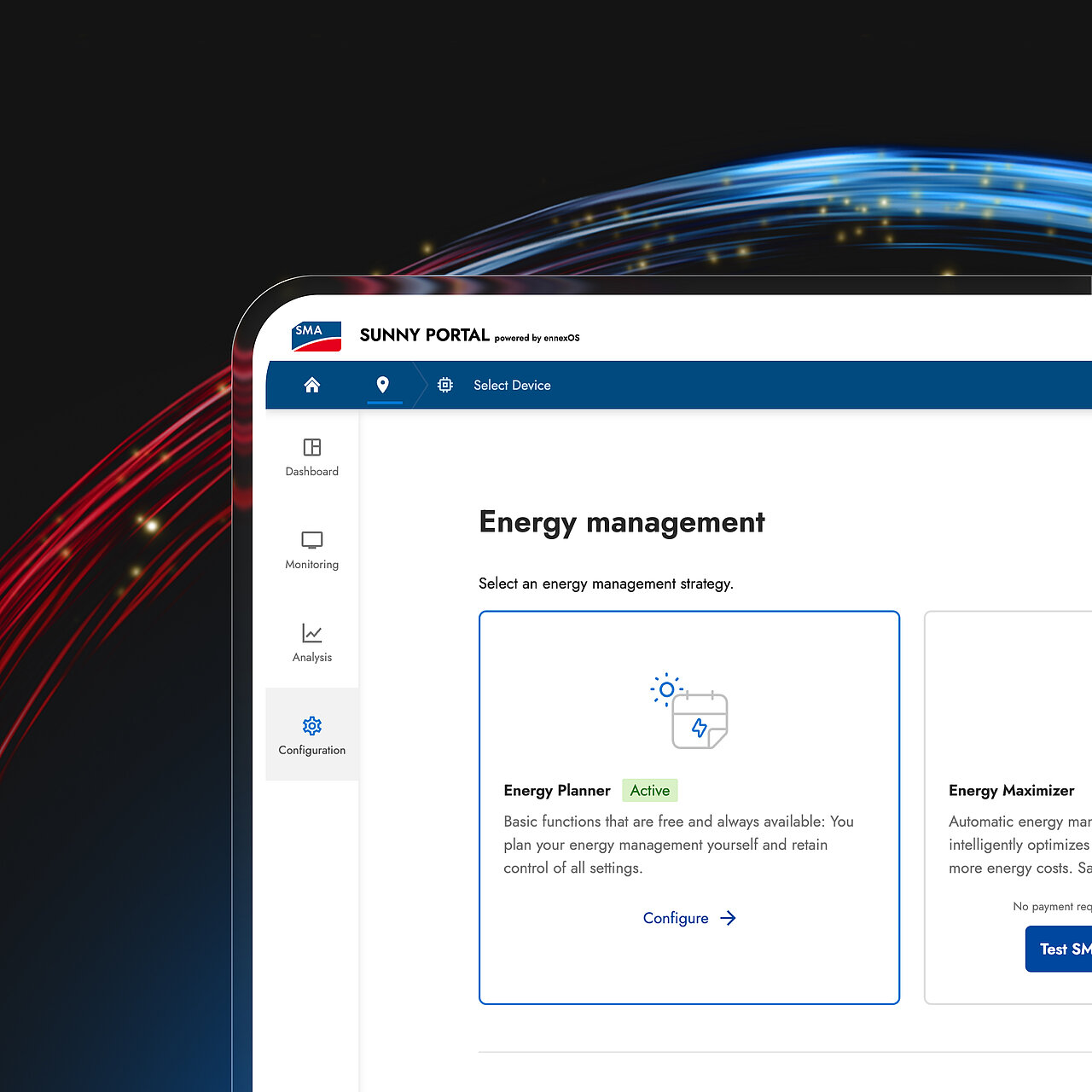 Fragment ekranu tabletu z aplikacją Sunny Portal, na którym widoczny jest wybór między funkcjami Energy Planner a Energy Maximizer służącymi do inteligentnego zarządzania energią.